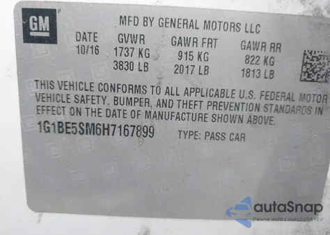 2017 Chevrolet Cruze Lt Auto z USA, uszkodzony, nr VIN 1G1BE5SM6H7167899